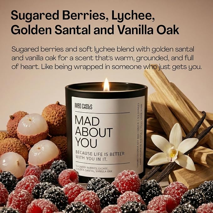 – Mad About You | Luxury Scented Candle for Bedroom & Living Room Décor | 9.5oz Coconut Soy Wax | Non Toxic | Long Burn Candle Jar for Home Fragrance & Valentine's Day Gift