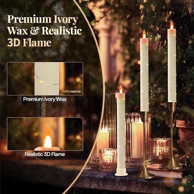 6 Pcs Flameless Taper Candles, Battery Taper Candles Flickering Flame with Embedded Star String, Outdoor Candle Sticks, Timer Function Ideal for Weddings, Anniversaries, Birthday Party(Ivory)