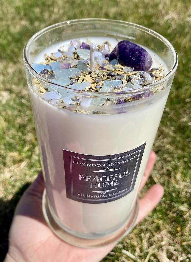 Peaceful Home® Candle by New Moon Beginnings - Stress Relief Candle - Energy clearing - All Natural Essential Oil Soy Candle - Crystal Candles (Peaceful Home, 21oz Glass Jar)