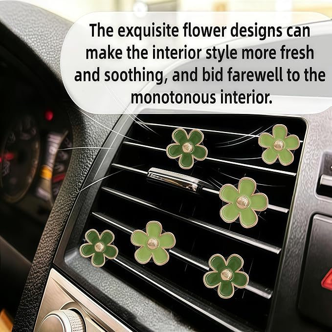 6Pcs Green Daisy Car Air Vent Clips, 2 Sizes Sage & Olive Green Flower Air Fresheners, Refillable Diffuser & Cute Dashboard Decor Accessories for Women & Girls