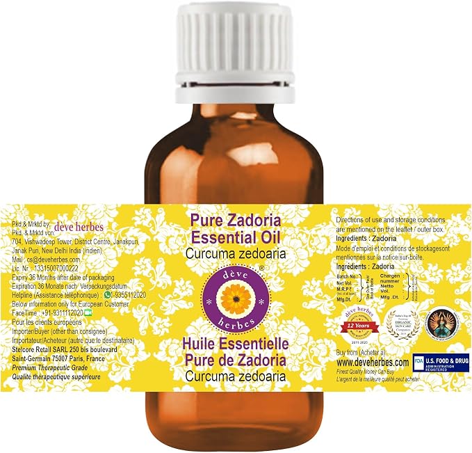 Deve Herbes Pure Zadoria Essential Oil (Curcuma zedoaria) Steam Distilled 100ml (3.38 oz)