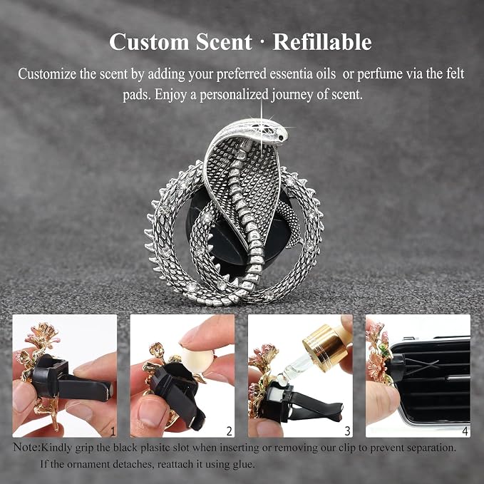 ORIESSE Snake Car Accessories,1pc Cobra Air Vent Clips Car Air Freshener, Silver Snake Badges Decals Dashboard Decor,Rhinestone Vehicle Decorations for Jeep Truck