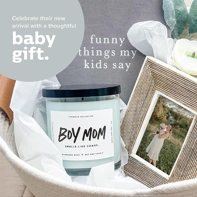 ThreeKin Scented Candles for Boy Mom, Natural Soy Wax Candles for Home, Relaxing Aromatherapy for Moms, Driftwood Essential Oils with a Hint of Chaos, Long Lasting Candle Burns for 75 Hours