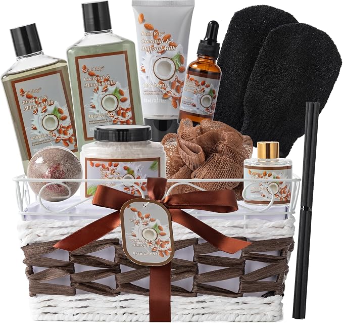 Coconut Almond Spa Gift Basket for Women & Men, Skin Care Set, Bath & Body | Self Care Pamper Kit, Home Spa Kit, Diffuser, Bath Bomb, Birthday, Christmas, Valentines, Mother Day, Father Day, Anniversary