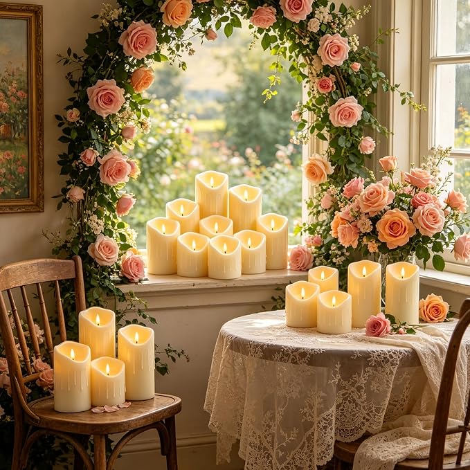 Nimiko Flameless Candles with Remote, Battery Operated Flickering Flameless Candles, LED Candles with Timer 2/4/6/8H, Realistic Drop Wax flameless Candle Set of 9 (D3 x H 3" 4" 5" 6" 7") (Ivory)