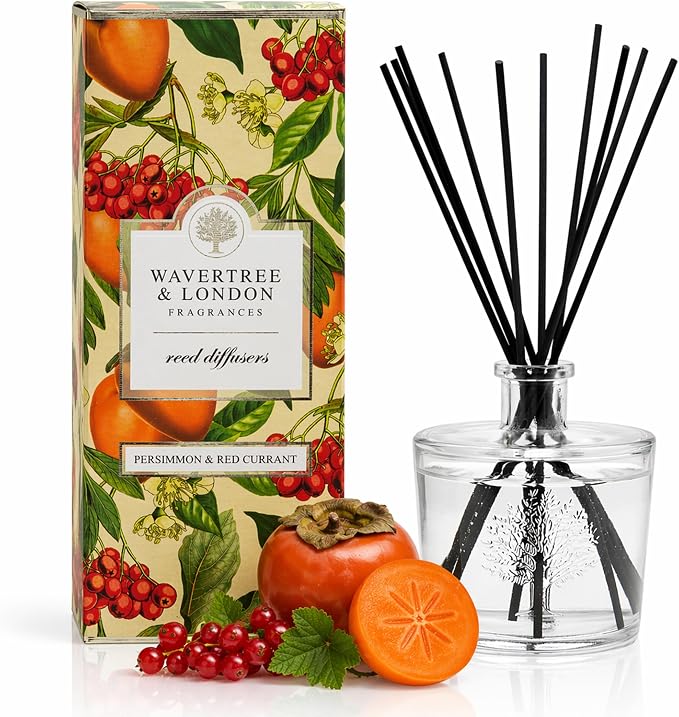 Wavertree & London Natural Persimmon & Red Currant Scented Reed Diffuser - Long Lasting Aromatherapy Air Freshener with Sticks | 250ml Glass Bottle, 6 Months Scent Life