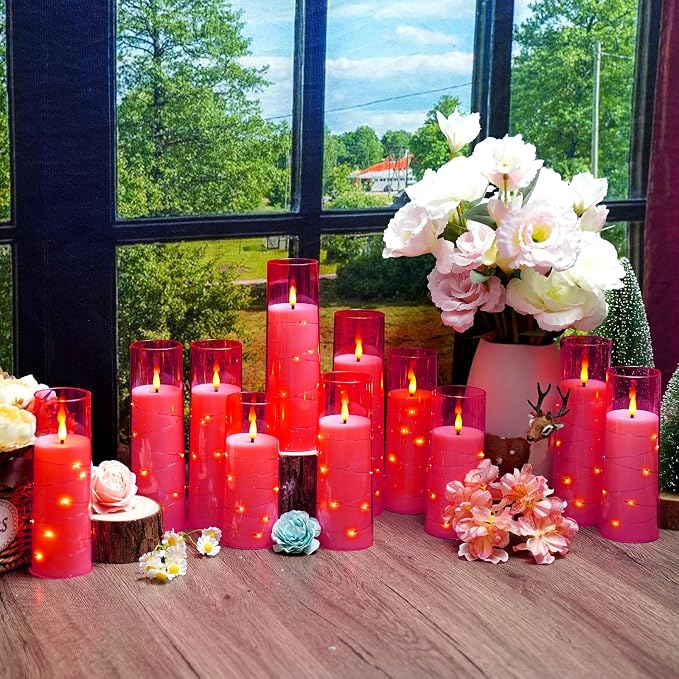 Flameless Candles,with Embedded Star String, Battery Operated Candles Flickering LED Pillar Candles with Remote Control and Timer, Home Decoration Add a Warm and Romantic Atmosphere，Set of 7 (Pink)