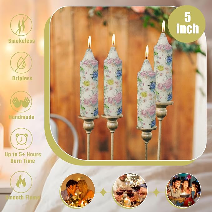 5 inch Short Candle Floral Candle Sticks Printed Candlestick Handmade Unscented Taper Candle 4 Pack Beautiful Flower Tapered Candles for Home Dinner Wedding Holiday