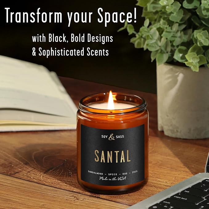 Santal Candle - Sandalwood Candles I Scented Black Candles for Men or Women - Sandalwood, Spices & Leather Soy Wax Mens Candle -Infused w/Essential Oils | Long 50Hr Burn, 9oz I Non Toxic I Made in USA