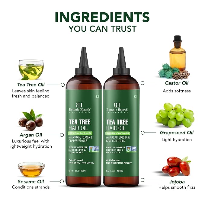 Botanic Hearth 100% Pure Tea Tree Hair Oil For Hair Growth & Hair Treatment Oils 6.7 Fl Oz, 2 Pack|Infused with coconut Oil|Hair Oil Repairs Dry Damaged Hair, Strengthening, Healthier| All Hair Types