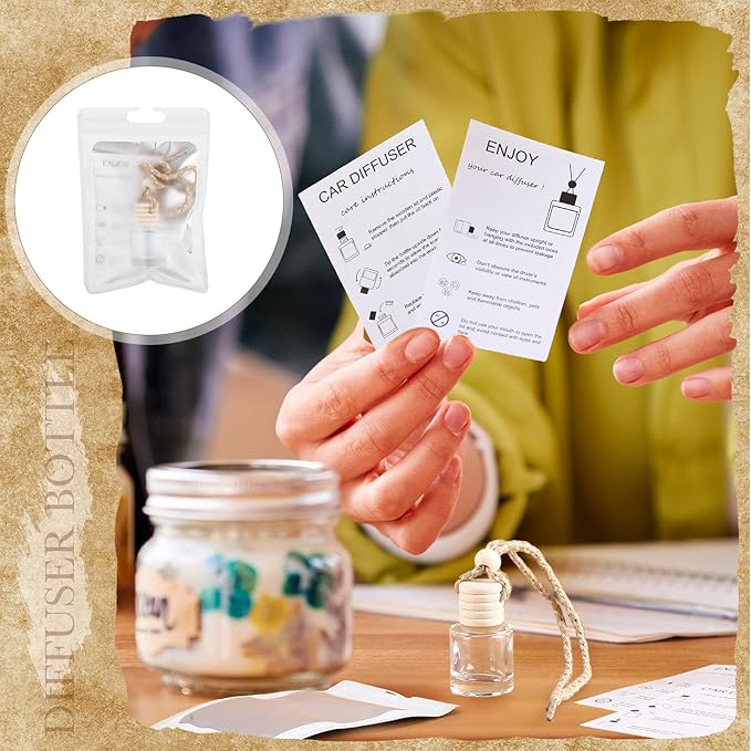 Boao 400 Sets Hanging Car Air Freshener Diffuser Bottles with Instruction Card and 4 x 6'' Resealable Holographic Bag for Empty Car Essential Oil Perfume Bottles Packaging (Cylinder)