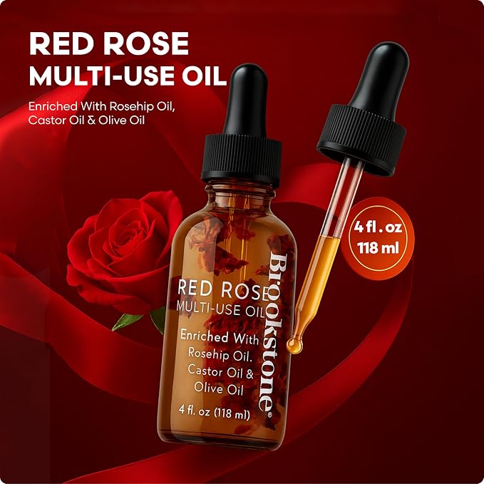 Brookstone Red Rose Multi-Use Essential Oil for Hair, Face & Body - Deep Floral Rose Aroma, Enriched with Rosehip, Castor & Olive Oils (4 fl oz / 118 mL)