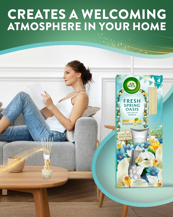 Air Wick Fresh Spring Oasis Essential Oils Reeds Diffuser 25ml. Lasts for up to 4 Weeks. Air Freshener (Pack of 5)