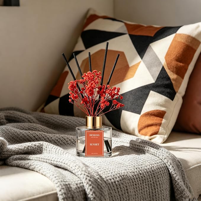 Reed Diffuser Set - 3.38 fl oz Sunset Premium Scented Oil with Preserved Baby's Breath & Cotton 6 Sticks | Long-Lasting Aromatherapy for Home, Bedroom, Bathroom, Office Home Decor