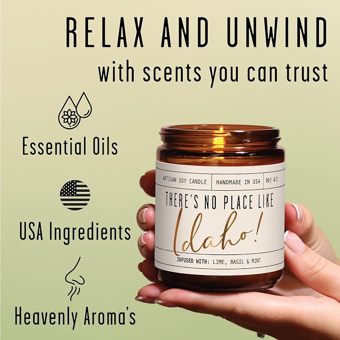 Idaho Gifts, Idaho Decor for Home - 'There's No Place Like Idaho Candle, w/Lime, Basil & Mint I Idaho Souvenirs I Idaho State Gifts I 9oz Jar, 50Hr Burn, USA Made