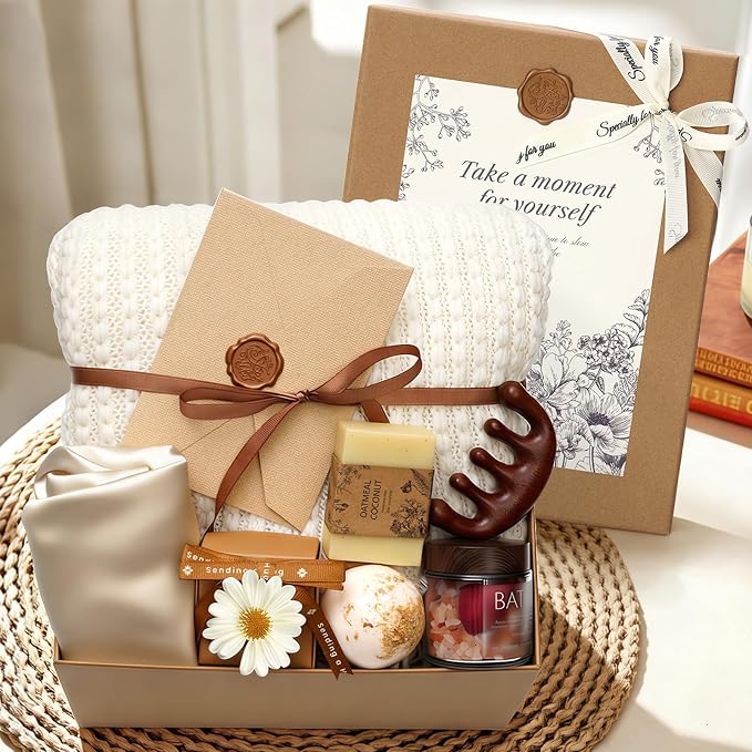 Self Care Gifts Baskets for Women, Spa Care Package for Women, Birthday Gift Get Well Soon Gifts Thinking of You Gift Basket Summer Home Spa Set with Bonnet & Massgae Comb for Mom Friends Her, Beige