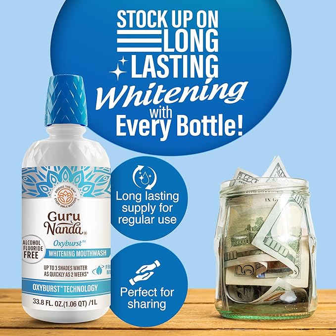 GuruNanda Whitening Mouthwash – Up to 3 Shades Whiter Teeth in 2 Weeks – Alcohol & Fluoride Free with Hydrogen Peroxide – Oxyburst Technology - Wild Mint, 33.8 oz/ 1 Liter