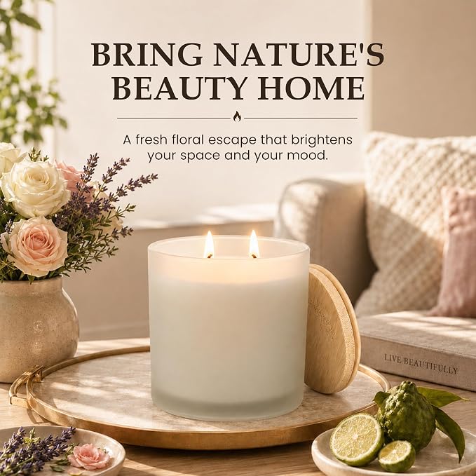 Sun-Kissed Orchard – Lavender & Rose Scented Candle Large 14oz Soy Wax– Eco Friendly & Long Lasting – 50+ Hour Burn – Reusable Jar & Bamboo Lid – Luxury Gift Box for Women