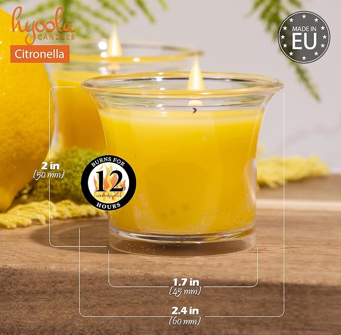 HYOOLA Clear Cup Scented Votive Candles - Citronella - 12 Hour Burn Time - 4 Pack - European Made