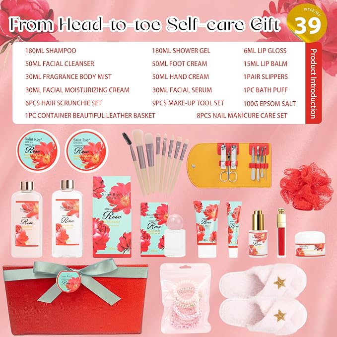 35 Pcs Spa Kit Gift for Women, Sandalwood Red Rose Bath and Body Basket Gift, Face Skin Care Kit, Home Spa Self Care, Lip Gloss, Birthday, Christmas, Mother, Bridal Shower, Anniversary
