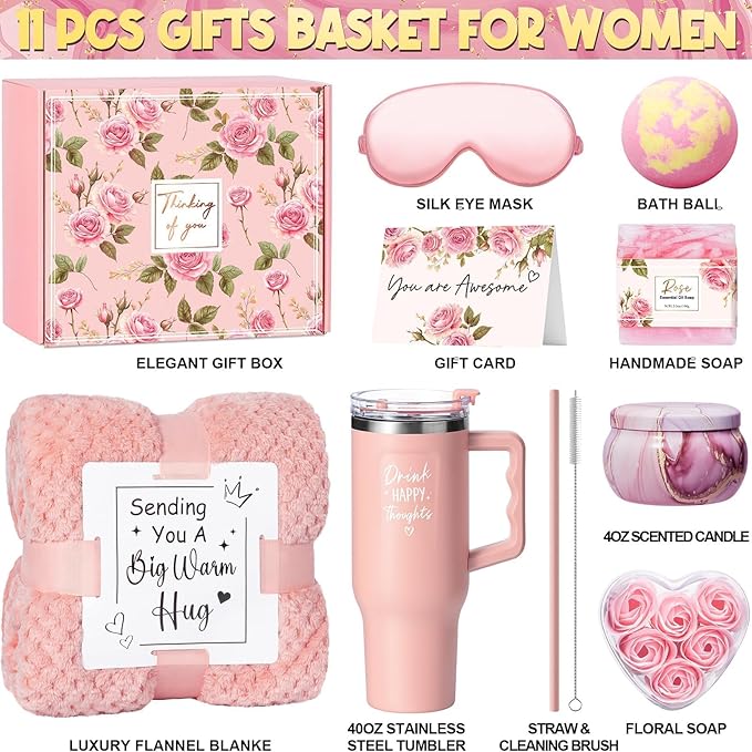 Birthday Gifts for Women Self Care Get Well Soon Gifts, Rose Relaxing Spa Gift Box Care Package Basket w/ Luxury Flannel Blanket 40 oz Tumbler, Mother's Day Gift for Mom Her Wife Girlfriend Sister