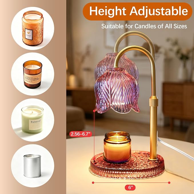 Candle Warmer Lamp with Timer Dimmable, Adjustable Candle Warmer Lamp for Jar Candles 3-Wick, Flameless Smokeless Candle Heater with 2 Bulbs, Home Decor Birthday Mothers Day for Women Mom (PINK)