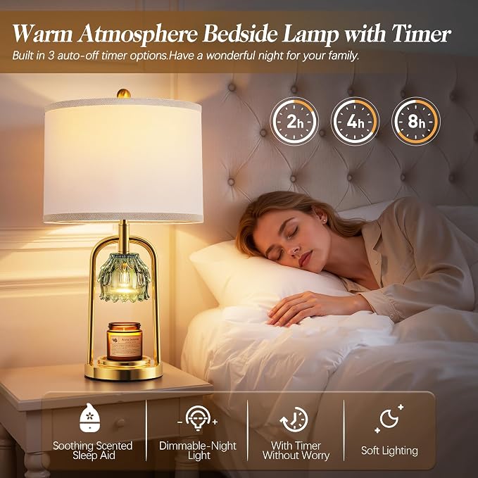 QiMH Candle Warmer Lamp with Timer Dimmer, Modern Table Lamp Wax Warmer for Scented Wax Jar, Glass Lamp Candle Warmer with 2 Bulbs, Women Gifts, House Warming Gifts, Home Decor, Brushed Gold Green