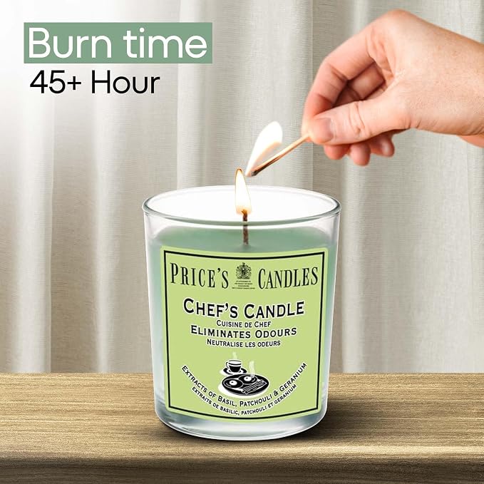 Price's - Chef's Jar Candle - Odour Eliminating Candle - Made with Basil, Patchouli & Geranium Extracts - Clean, Fresh, Quality Fragrance - Long Lasting Scent