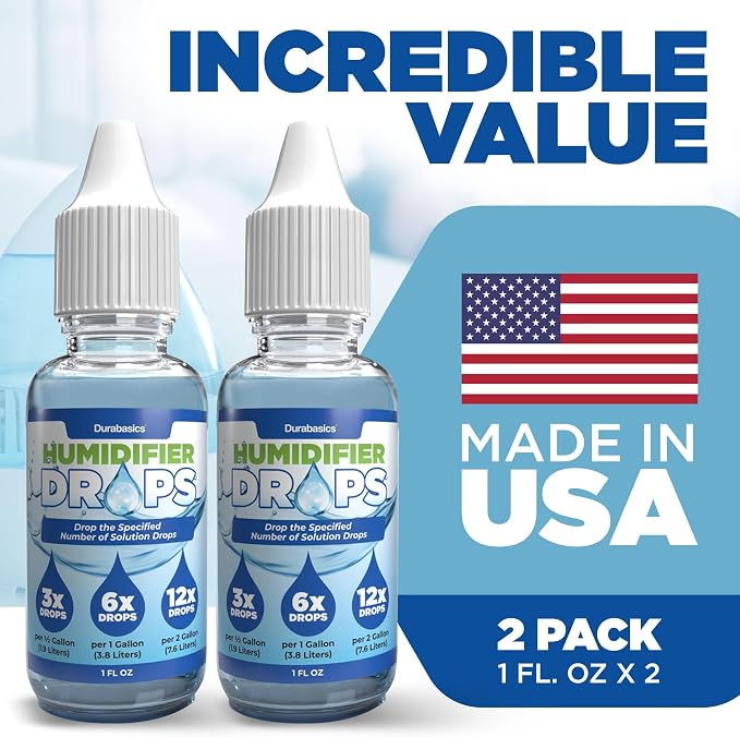 Durabasics [2 Pack] Humidifier Drops for Cleaning - Food Grade Humidifier Cleaner Slows Buildup & Scaling - Cleans & Deodorizes Water - Suitable for All Models - 200+ Day Supply - Made in USA