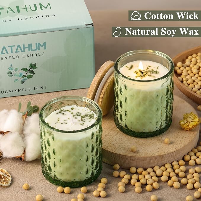MATAHUM 2 Pack Eucalyptus & Mint Scented Candles for Home Decor, 6.5oz Natural Soy Wax Aromatherapy Jar Candles, Eucalyptus and Mint Candle for Relaxing, Birthday Housewarming Giftable for Women