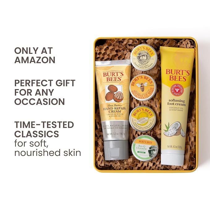 Burt's Bees Valentine's Day Gifts Ideas - Classics Set, 6 Products in Giftable Tin, Cuticle Cream, Hand Salve, Lip Balm, Res-Q Ointment, Hand Repair and Foot Cream