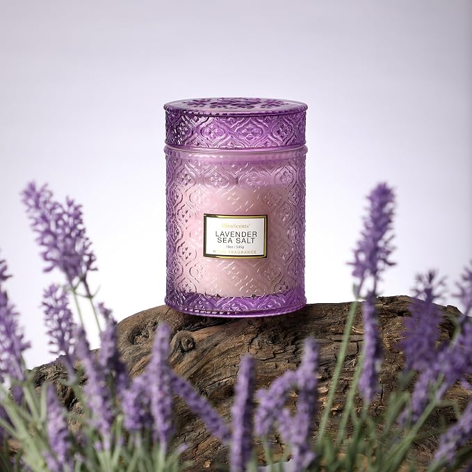 Lavender Scented Candle, 19oz Large Soy Wax Aromatherapy Candle, Lavender Sea Salt Luxury Glass Jar Candle for Home Decor, Relaxation Gifts for Women