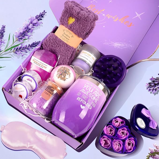 12 Piece Spa Gifts Set for Women, Self Care Gift Basket for Mom Wife Her, Relaxing Gifts with Eye Mask, Water Bottle, Bath Bombs, Aromatherapy for Valentines Day, Birthday, Christmas (Lavender)
