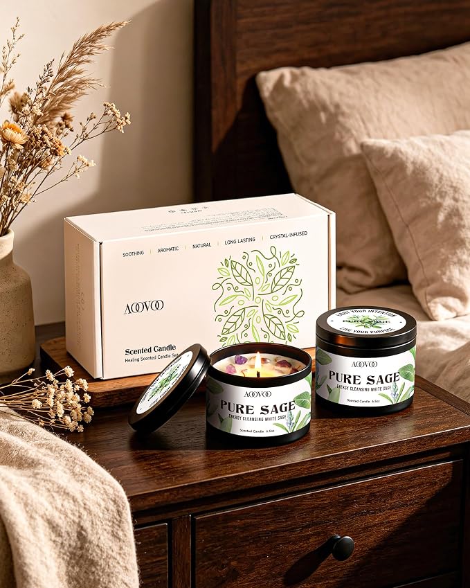 AOOVOO 2 Pack Sage Candles - Cleansing Candle with Crystals & Sage Leaves Inside, 13oz 100 Hours Long Lasting, Non Toxic Candle for Spiritual House Energy Meditation Yoga