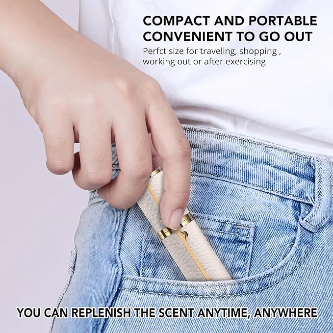 8ML Travel Perfume Refillable Atomizer, Mini Genuine Leather Cologne Sprayer, Protable Pocket Size Empty Fragrance Spray Bottle (White)