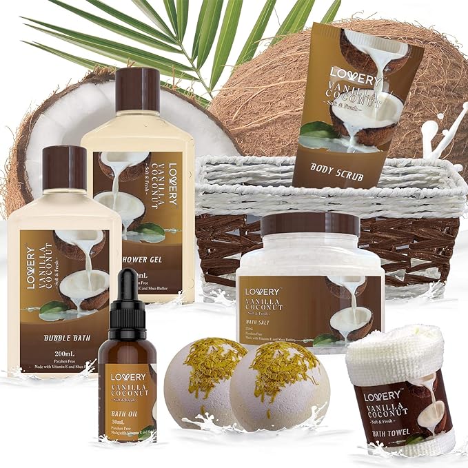 Gifts For Women Gift Basket for Women– 9 Piece Set of Vanilla Coconut Home Spa Set, Luxurious Gifts for Her, Bath and Body Sets Includes Fragrant Lotions, Large Bath Bombs, Coconut Oil