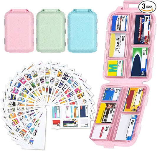 Large Travel Pill Organizer with 189 Medicine Labels, 10 Compartments Portable Small Pill Case Daily Medicine Storage Container for Purse, Car, Airplane and Vacation Trave 3 Pack