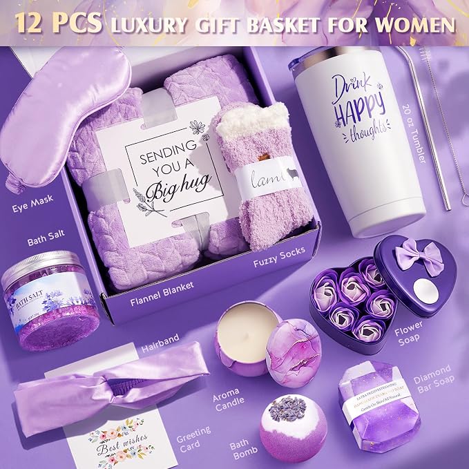 YFONG Birthday and Get Well Gifts for Women - Relaxing Spa Care Package With Luxury Flannel Blanket, Thinking of You Purple Relaxing Gift Set, Unique Self Care Gift Basket for Mom, Wife, Friends