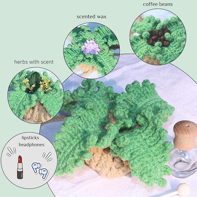 ROFIGL Handmade Crochet Hanging Car Air Freshener - Botanical Fern Leaf Design with 12ml Refillable Glass Essential Oil Bottle, Long-Lasting Car Diffuser & Nature-Inspired Decor