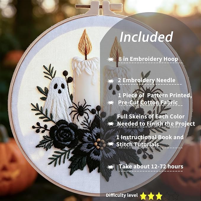FONNUY Halloween Embroidery Kits for Beginners,Skull Pumpkin Spider Web Floral Stamped Cross Stitch Kit for Adults, Spooky Season Boho Wall Decor, 8'' Hoop (Candles)