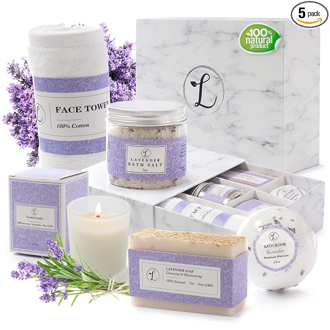 Spa Gift Set 100% Natural, Gift Box Includes: Bath Bomb, Bath Salt, Hand Soap, Scented Candle, Face Cloth and Gift Box. Best Gift for Her. (Lavender)