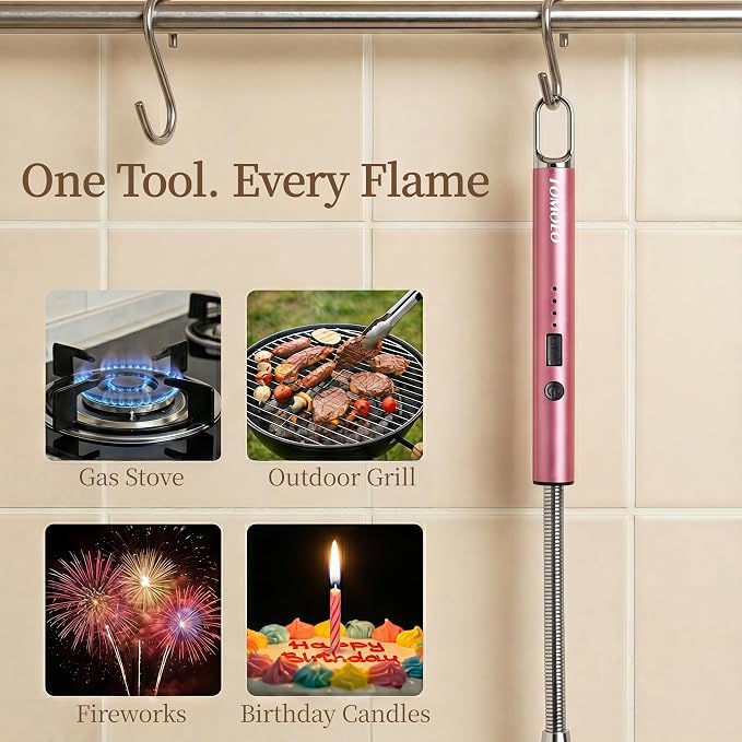 TOMOLO Electric Candle Lighter, Long Flexible Neck Lighter with Safety Switch, Windproof Plasma Flameless USB Rechargeable Lighters for Candles, Grill, Camping & Gas Stove, 2-Pack (Black & Rose Gold)