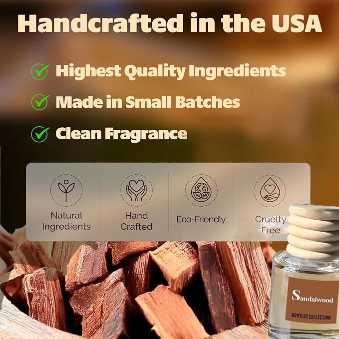 Car Air Freshener Diffuser, Sandalwood Aromatherapy, Natural Fragrance Oil, Long Lasting, By Bootleg Collection, Made in USA