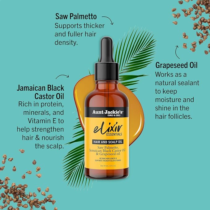 Aunt Jackie's Elixir Essentials Hair & Scalp Oil, Saw Palmetto, Jamaican Black Castor Oil & Grapeseed Oil, Nourishes, Thickens & Supports Hair Growth, 2 oz