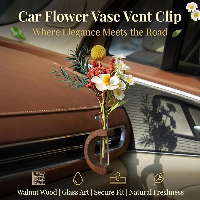 Car Vent Clip Bud Vase, Car Air Vent Propagation Vase Diffuser, Glass Tube Plants Ornamental Decoration, Universal for Horizontal, Vertical, Angled Outlets (C-Shaped Walnut)