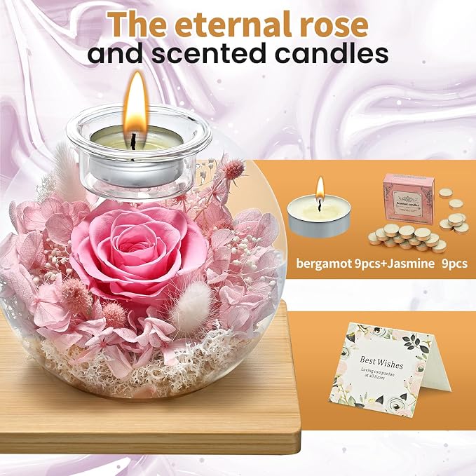 Birthday Gifts for Women,Eternal Preserved Real Rose with Scented Candle (Bergamot9Pcs+Rose9Pcs),Preserved Rose in Glass Dome, Christmas Valentine Mothers Day Gifts for Her Mom Girlfriend,Home Decor