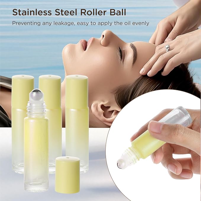 SESENSE Essential Oil Roller Bottles, 10ml Thick Glass Perfume Roller Bottles with Funnel Opener and Dropper Colored Glass Empty Bottles with Stainless Steel Roller Balls (Yellow, 4 Pack)