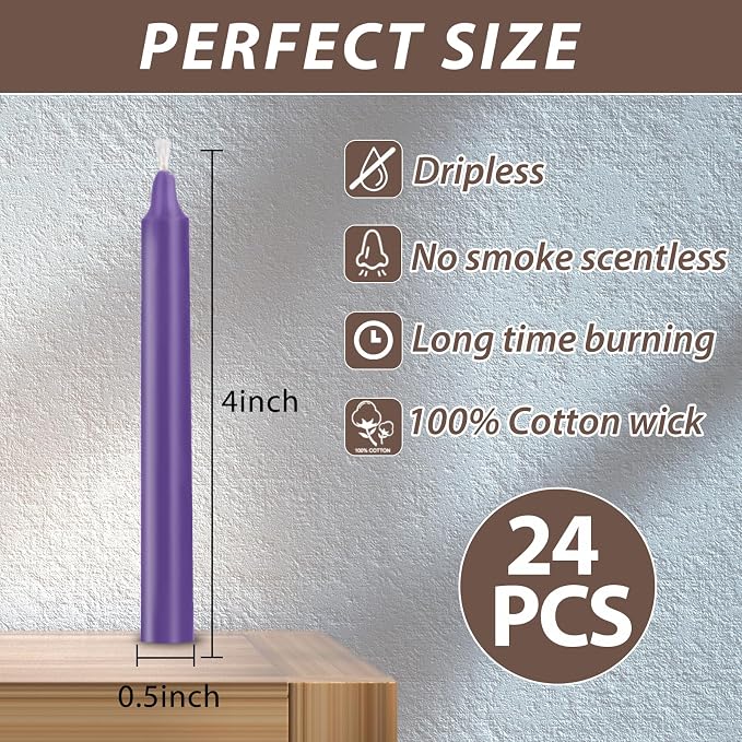 24 Pack Purple Spell Chime Candles – Premium Mini Unscented Taper Candles for Rituals, Prayer, Meditation, Altar, Spells – 4" Tall – Ideal for Witches & Spiritual Practices