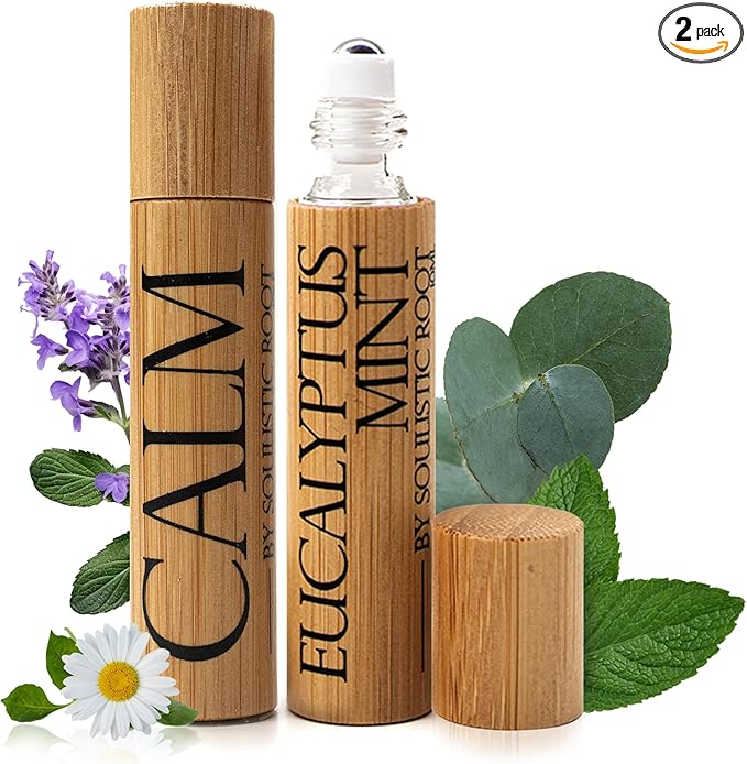 Soulistic Root Calm Essential Oil – Chamomile & Clary Sage + Breathe Eucalyptus & Peppermint Roller – Aromatherapy Blends Ideal for Relaxation, Head Massage & Clarity – Gift Set for Women – 10ml Each