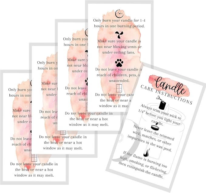 Handmade Candle Care Instruction Card | 50 Pack | for Handmade Candle Makers Soy Bees Wax Coconut Essential Oils | White and Watercolor Card